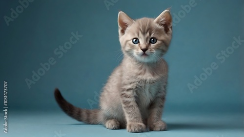 studio style photography featuring a single cream color British Shorthair kitten against a solid light blue background