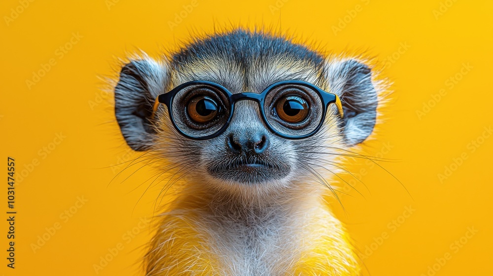 Fototapeta premium A curious monkey with glasses poses playfully against a bright yellow background, capturing a whimsical moment full of charm