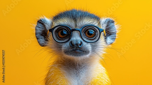 A curious monkey with glasses poses playfully against a bright yellow background, capturing a whimsical moment full of charm