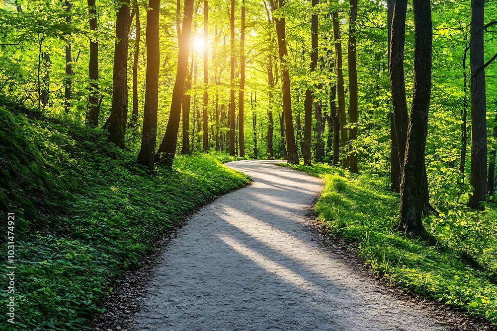 Fototapeta premium Lush Green Forest Pathway - Inviting Trail Through Vibrant Flora and Sunlight Filtering Through Leaves