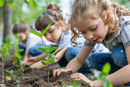 Schoolchildren planting trees at an event dedicated to environmental protection