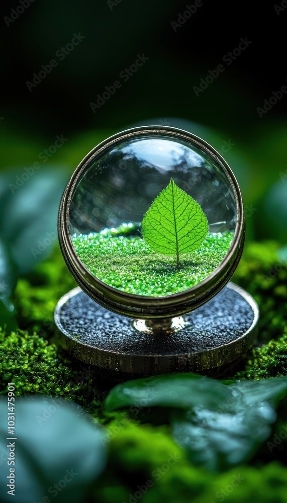 A crystal orb containing a vibrant green leaf, surrounded by soft moss and lush foliage. A crystal orb containing a vibrant green leaf, surrounded by soft moss and lush foliage.