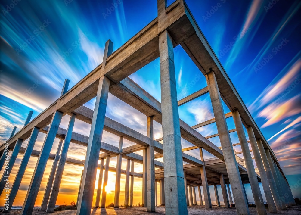 Obraz premium Long Exposure of Concrete Pillars and Cantilever Beams Against Blue Sky – Architectural Structure Photography