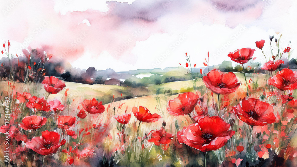 Obraz premium Watercolor poppy flowers in the field