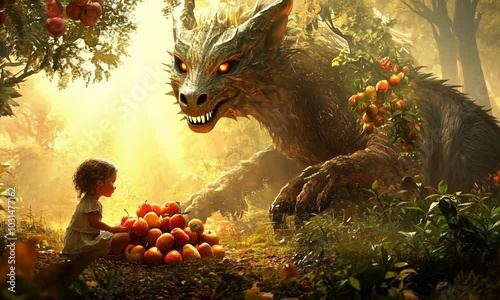 A Young Girl Encounters a Majestic Dragon in a Golden Forest photo