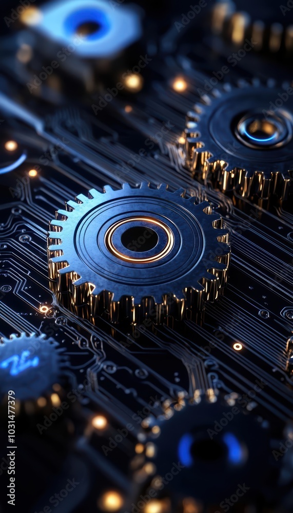 Close-up of mechanical gears on a circuit board, showcasing intricate details and textures. Close-up of mechanical gears on a circuit board, showcasing intricate details and textures.