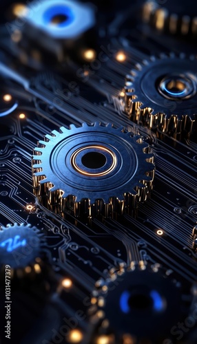 Close-up of mechanical gears on a circuit board, showcasing intricate details and textures.