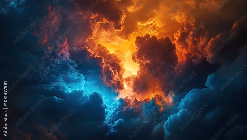A photograph of an explosion in the clouds, with blue and orange lighting A photograph of an explosion in the clouds, with blue and orange lighting