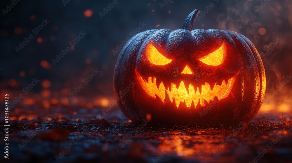Spooky Glowing Jack-o'-Lantern with Menacing Expression in Dark Misty Atmosphere Perfect for Halloween Themes and Seasonal Decorations Spooky Glowing Jack-o'-Lantern with Menacing Expression in Dark Misty Atmosphere Perfect for Halloween Themes and Seasonal Decorations