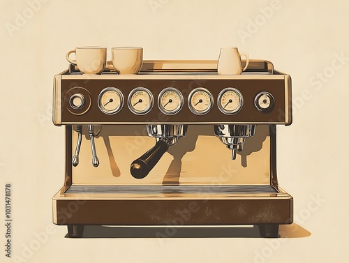 Coffee Obsession: Espresso Machine in Retro Poster Art – Café Culture, Mid-Century Style Illustration, Rich Brown and Cream Palette, UHD Image photo