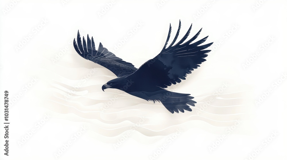 Fototapeta premium Majestic Eagle in Flight Against Minimalist Background with Subtle Wave Patterns and Elegant Wing Spread