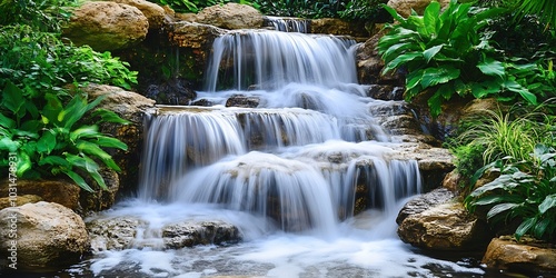 Tranquil Waterfall in a Lush Jungle - A Peaceful Oasis Surrounded by Verdant Greenery and Exotic Plants