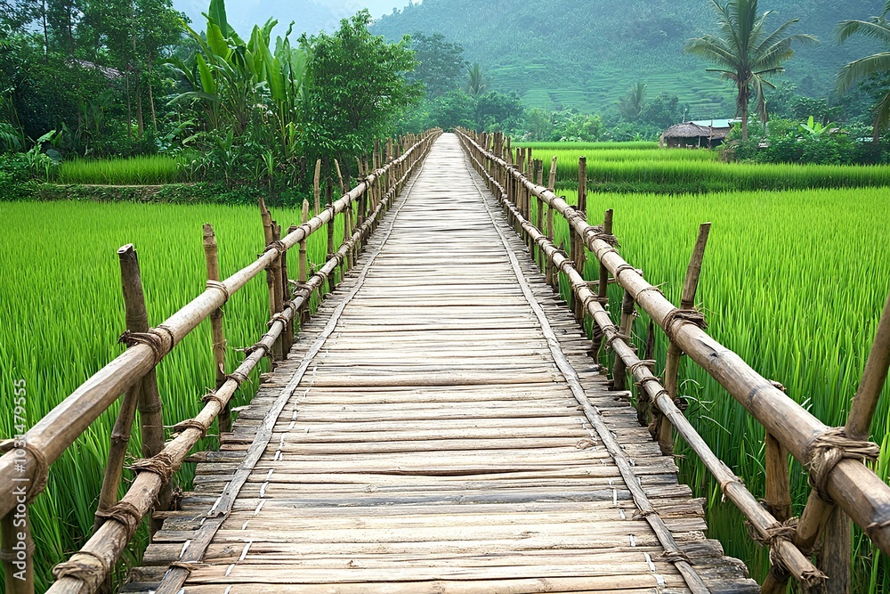 Obraz premium Traditional Wooden Bridge Over Rice Fields