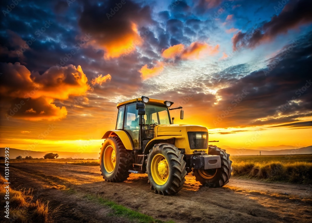 Obraz premium Low Light Photography of a Yellow Tractor Parked in an Open Area at Dusk