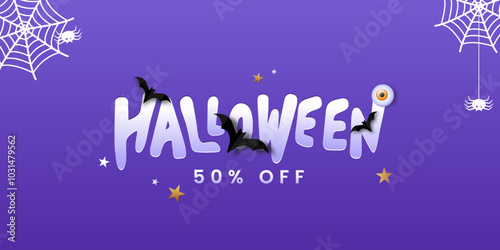 Halloween sale text vector banner design. Sale with discounts up to 50% It is ideal for Halloween promotions, online stores, or social media marketing during the Halloween season.