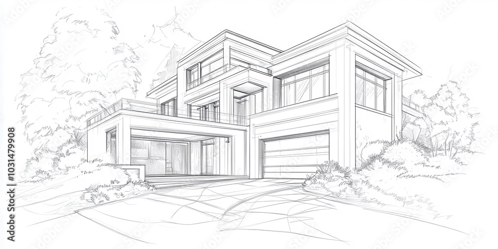 Elegant architectural sketch of a modern two-story house with large windows and garage, surrounded by natural landscape. Elegant architectural sketch of a modern two-story house with large windows and garage, surrounded by natural landscape.