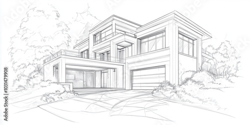 Elegant architectural sketch of a modern two-story house with large windows and garage, surrounded by natural landscape.