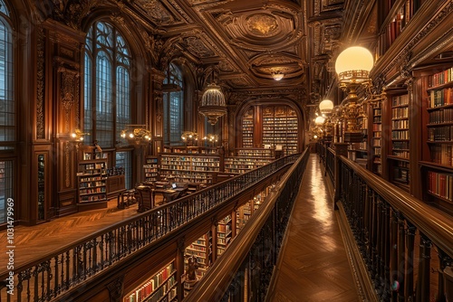 Elegant historic library interior with ornate wooden shelves, vintage lighting, and a serene reading atmosphere.