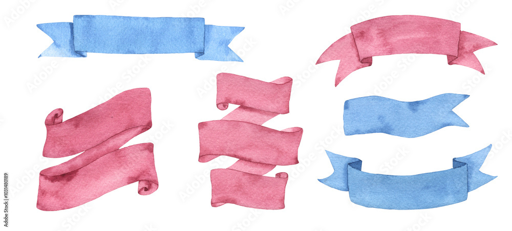 Watercolor ribbons banners collection, pink and blue Watercolor ribbons banners collection, pink and blue