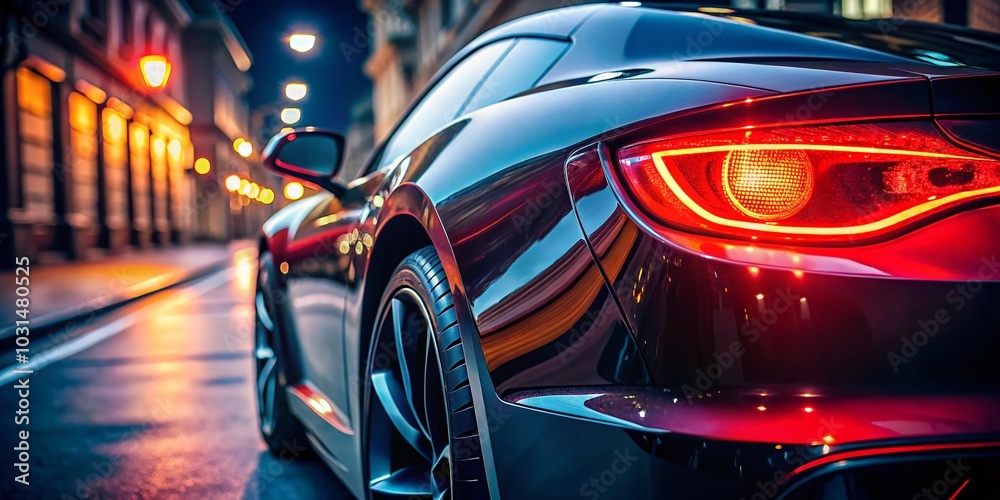 Low Light Sports Car with Red Tail Lamp Glow - Stunning Night Photography Low Light Sports Car with Red Tail Lamp Glow - Stunning Night Photography