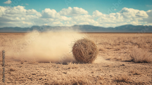 dust devil rolling through the desert with tumbleweed in the foreground
