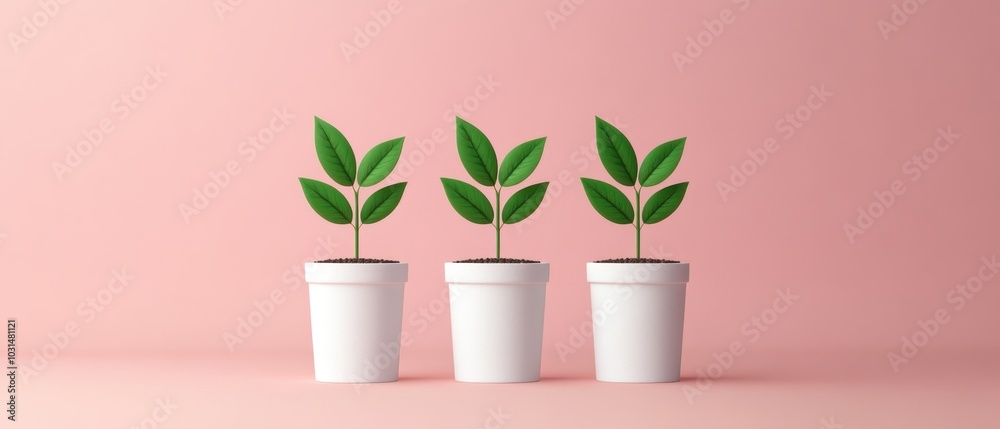 Three potted plants on pink background, representing growth and sustainability. Three potted plants on pink background, representing growth and sustainability.
