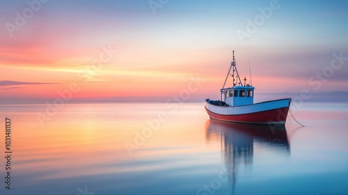 A small fishing boat sits at anchor in the calm waters of a bay at sunrise. The sky is a vibrant mix of pink, orange, and blue.