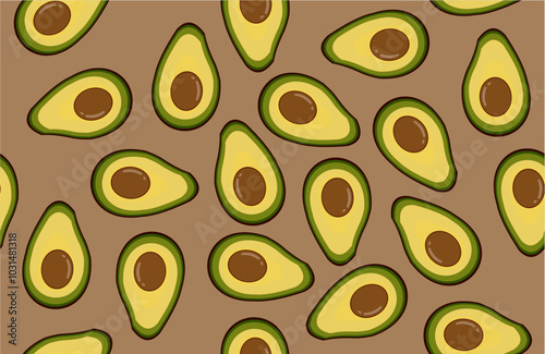 seamless pattern with avocado slices fruit on ash brown background