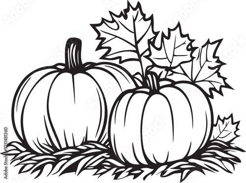 Pumpkins on hay bale with autumn leaves clean simple icon outline black