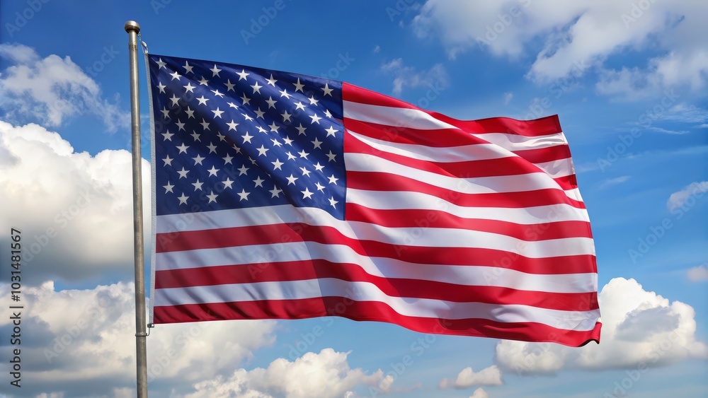 A stunning AI-generated visualization of the American flag waving gently amidst a backdrop of blue skies. A stunning AI-generated visualization of the American flag waving gently amidst a backdrop of blue skies.