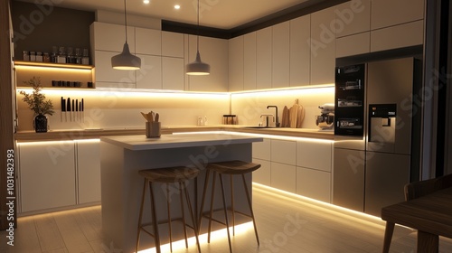 Modern farmhouse kitchen with hidden LED strips under cabinets, offering energy-efficient lighting with charm