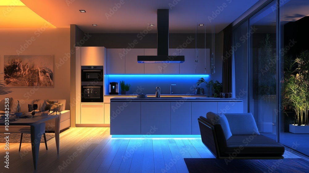 Open-concept kitchen with energy-saving LED strips under floating cabinets, adding practical lighting and accenting the decor. Open-concept kitchen with energy-saving LED strips under floating cabinets, adding practical lighting and accenting the decor.