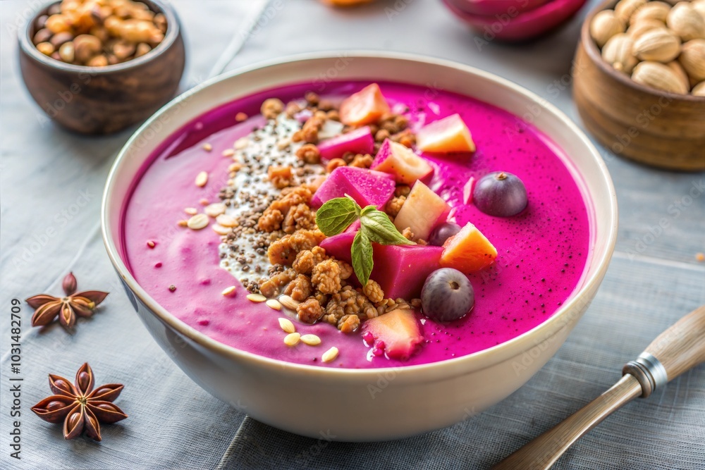 Dragon fruit smoothie bowl with granola and chia seeds
