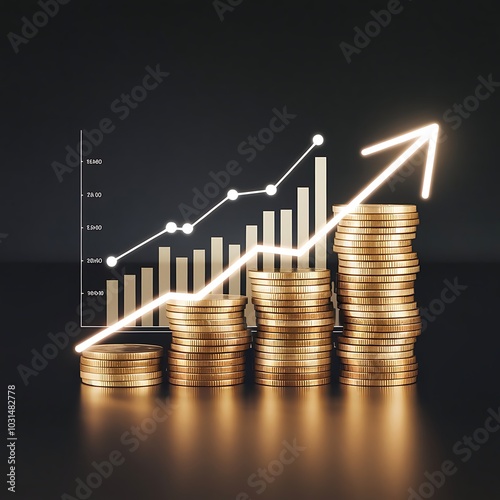 Make a Striking Graphic of Economic Growth That Includes Realistic Coin Stacks, a Bright Upward Arrow, and a Detailed Bar Chart, All Against a Sleek Black Background for an Eye-catching Design.
