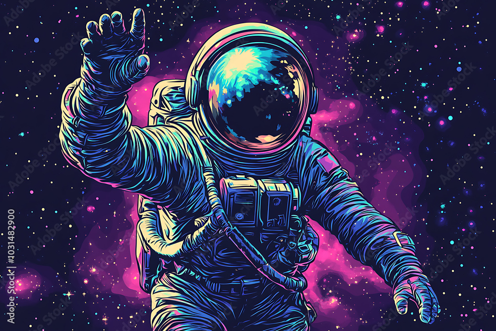 A vibrant astronaut floating in space, surrounded by colorful cosmic elements.