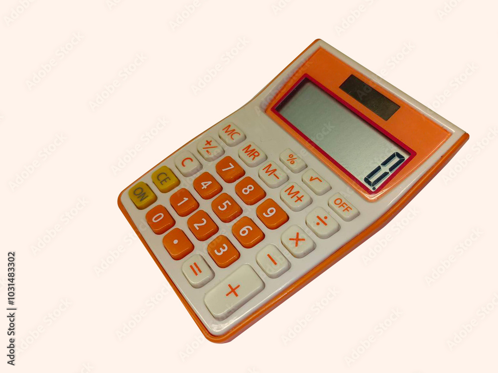 orange and white and red calculator on white background, object, business, comfortable, finance, copy space