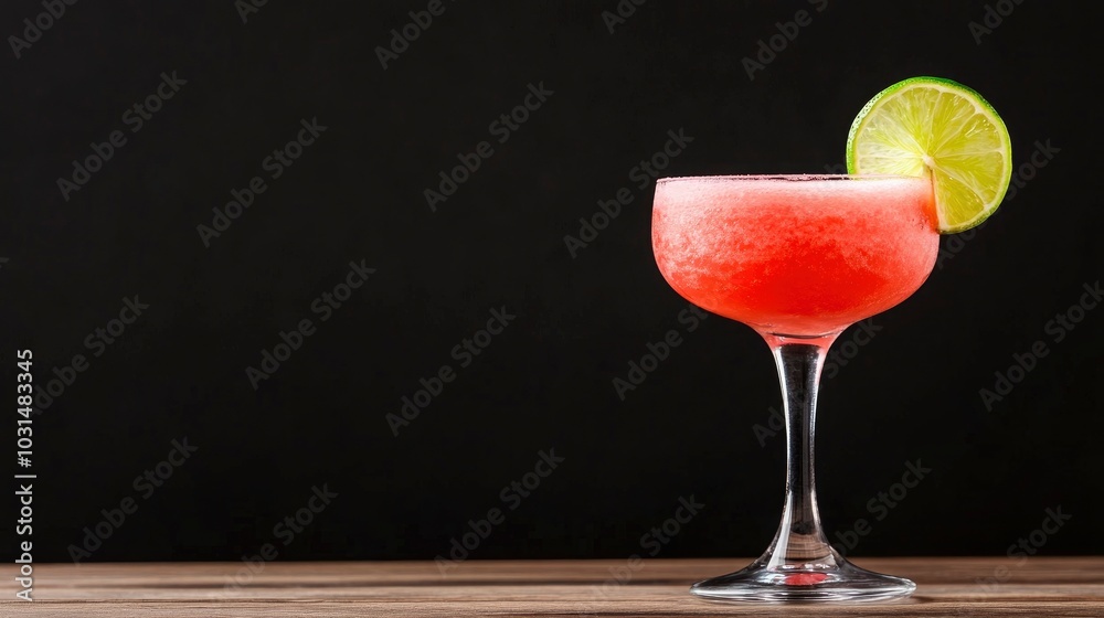 A red frozen margarita in an elegant glass, garnished with a lime slice and set on a wooden table against a black background. A red frozen margarita in an elegant glass, garnished with a lime slice and set on a wooden table against a black background.