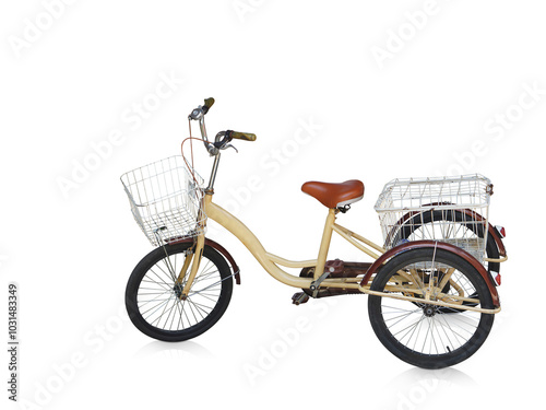 side view old cream and brown tricycle on white background, object, transpotation, copy space photo