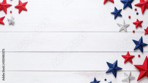 A white wooden background with red, blue, and silver stars forming an American patriotic pattern on the canvas.