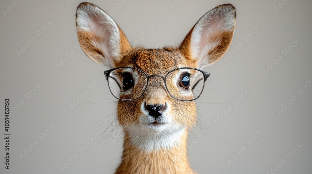 Fototapeta premium A young deer wearing glasses poses against a neutral background, showcasing adorable features and playful charm in a studio setting