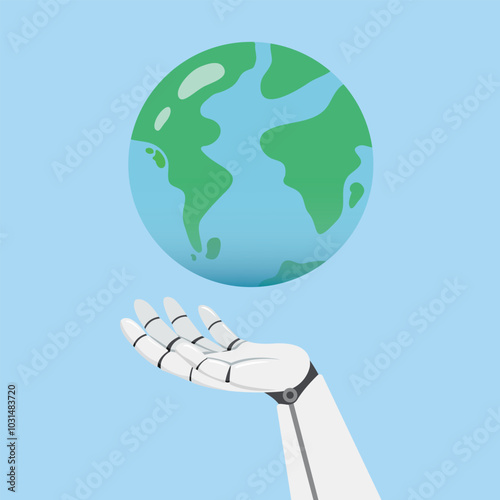 Robot hand holding globe. Business industry robot factory concept.