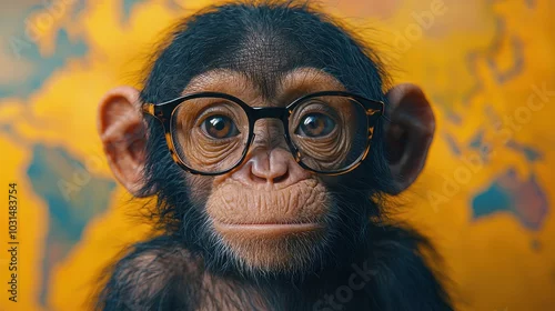 Obraz A young monkey wearing glasses poses for a close-up on a vibrant world map background in a playful setting