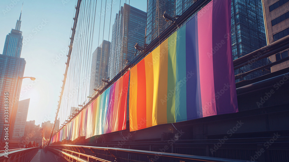 Obraz premium vibrant rainbow pride flags draped across city bridge new york city skyline sunlight