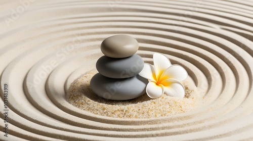 Serene and minimalist style, showcasing a Zen garden layout with stack of smooth, rounded stones in the center carefully balanced, with varying shades of gray and one white stone
