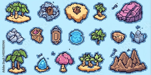 Pixel Art Game Assets: Nature Elements and Terrain.