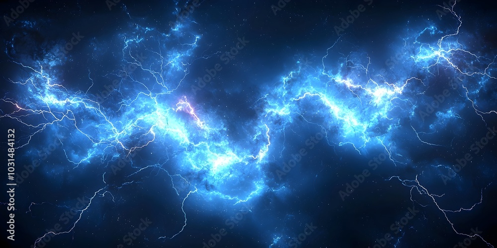 A powerful blue lightning strike illuminates the dark sky with its electric energy. A powerful blue lightning strike illuminates the dark sky with its electric energy.
