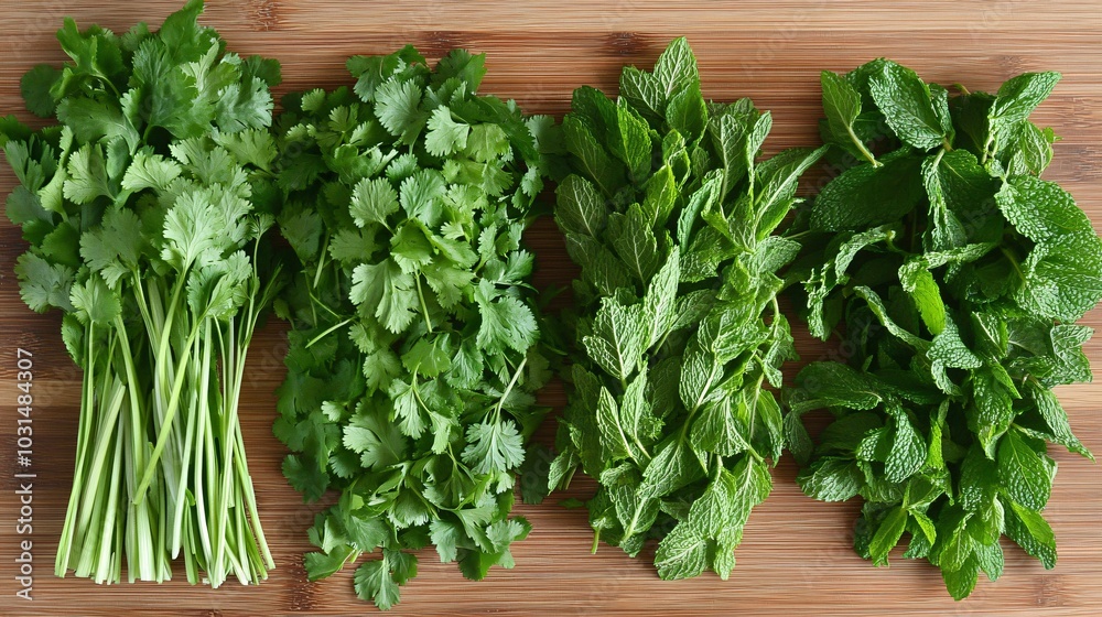 fresh herbs on the wooden floor, coriander, mint, basil fresh herbs on the wooden floor, coriander, mint, basil