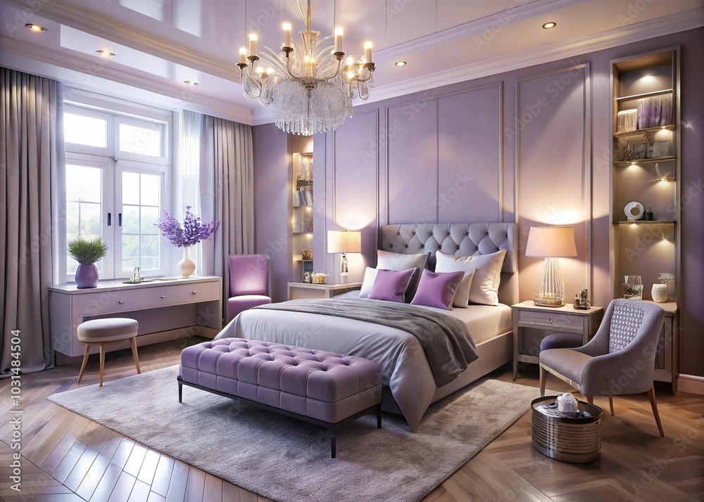 Fototapeta premium Luxury Light Purple Themed Bedroom Interior with Bokeh Effect for Elegant Travel Vacation Concept
