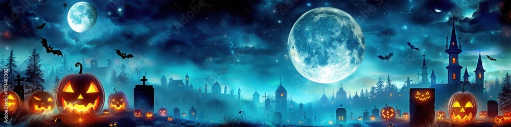 Naklejka premium A spooky Halloween landscape featuring glowing jack o lanterns, bats flying, and a full moon illuminating a haunted village