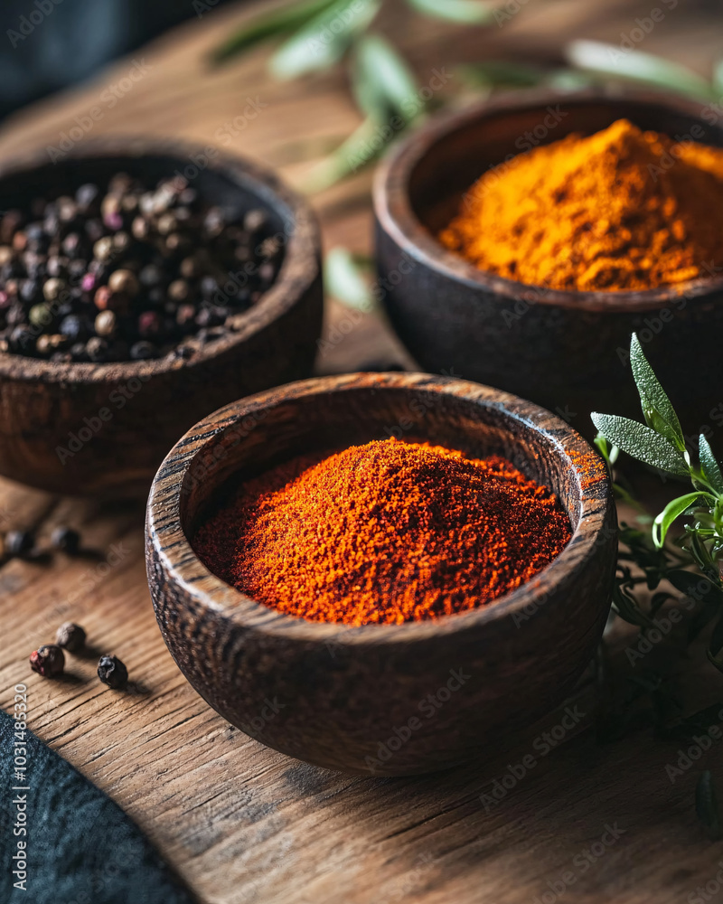 wooden bowls filled with spices on rustic wooden tabletop wooden bowls filled with spices on rustic wooden tabletop